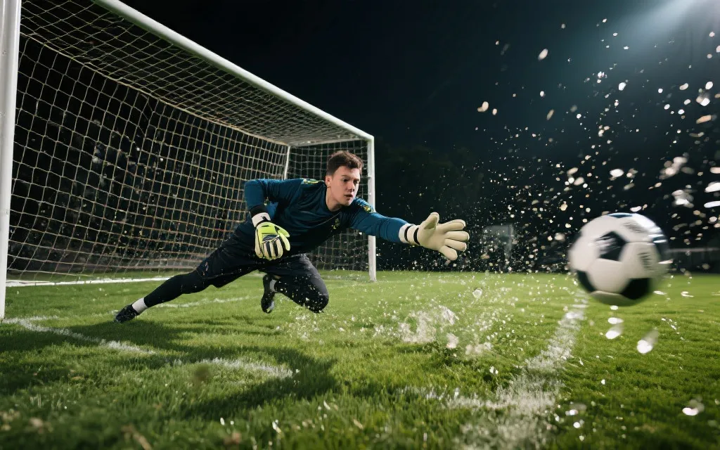 现代门将冲出禁区外解围，草皮飞溅，比赛动感镜头